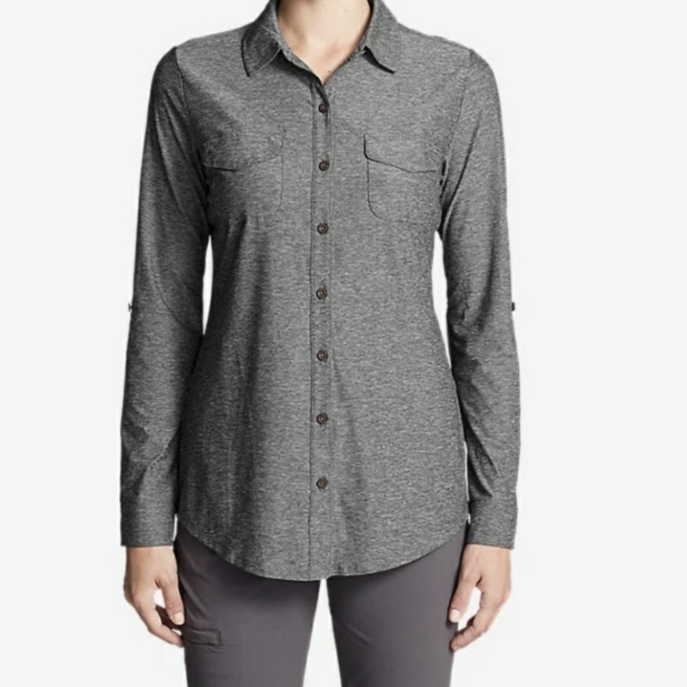 Eddie Bauer Women's Infinity Long-Sleeve Button-Front DK Smoke Shirt Sz Small
